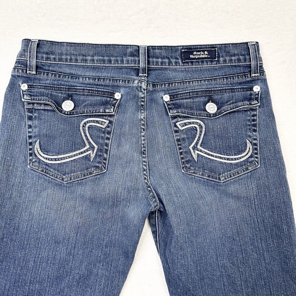 Rock & Republic Jeans Womens 31 Kurt Low Rise Bootcut Dark Wash Fade Flap Pocket